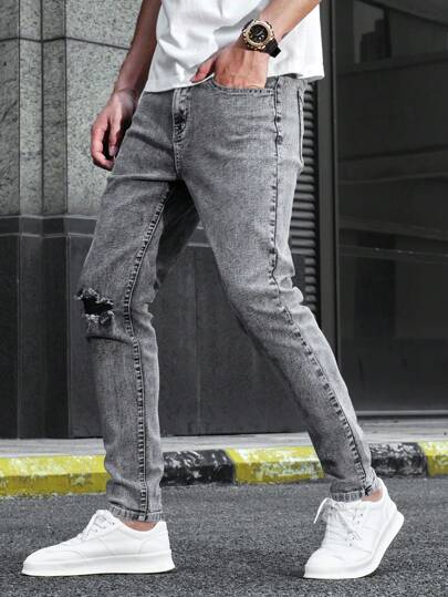 Manfinity Homme جينز بقصّة ضيقة من قطن الرجال الرمادي الفاتح الأساسي للعطلات، ممزّق من التنظيف والغسيل وطويل يصلح للآباء والأولاد