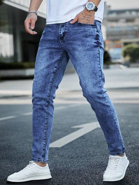 Manfinity Homme سروال جينز غامق مبيض ضيق مناسب للرجال 100٪ قطن بجيوب مائلة طويل غسيل مخفف بلياقة ضيقة، هدايا للزوج أو الحبيب