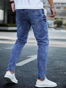 Manfinity Homme سروال جينز غامق مبيض ضيق مناسب للرجال 100٪ قطن بجيوب مائلة طويل غسيل مخفف بلياقة ضيقة، هدايا للزوج أو الحبيب