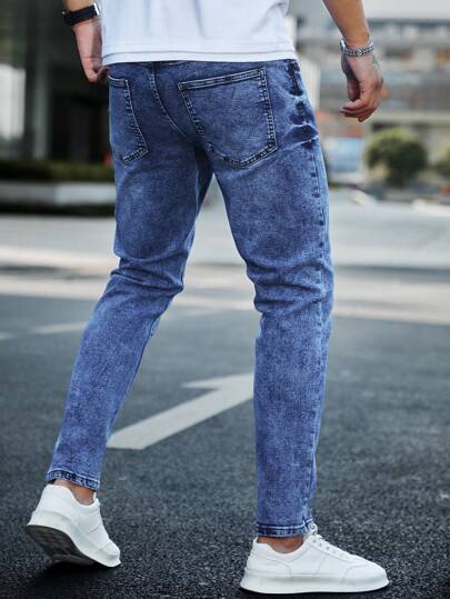 Manfinity Homme سروال جينز غامق مبيض ضيق مناسب للرجال 100٪ قطن بجيوب مائلة طويل غسيل مخفف بلياقة ضيقة، هدايا للزوج أو الحبيب