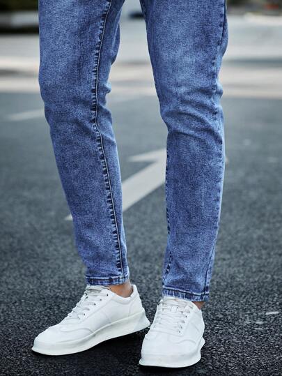 Manfinity Homme سروال جينز غامق مبيض ضيق مناسب للرجال 100٪ قطن بجيوب مائلة طويل غسيل مخفف بلياقة ضيقة، هدايا للزوج أو الحبيب