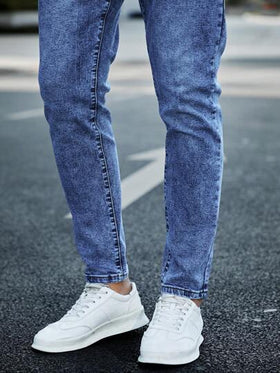 Manfinity Homme سروال جينز غامق مبيض ضيق مناسب للرجال 100٪ قطن بجيوب مائلة طويل غسيل مخفف بلياقة ضيقة، هدايا للزوج أو الحبيب
