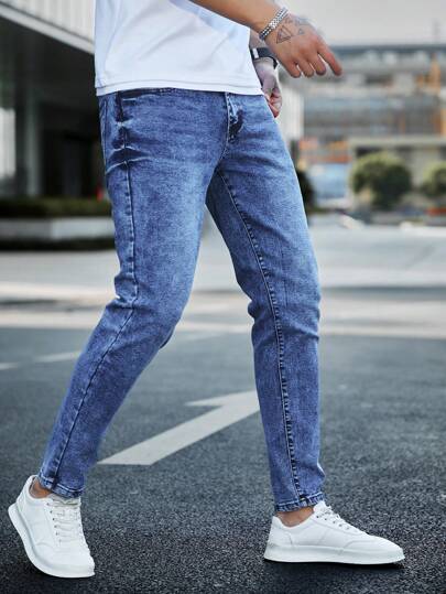 Manfinity Homme سروال جينز غامق مبيض ضيق مناسب للرجال 100٪ قطن بجيوب مائلة طويل غسيل مخفف بلياقة ضيقة، هدايا للزوج أو الحبيب