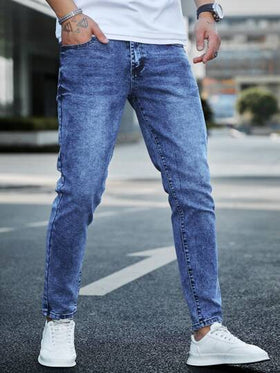 Manfinity Homme سروال جينز غامق مبيض ضيق مناسب للرجال 100٪ قطن بجيوب مائلة طويل غسيل مخفف بلياقة ضيقة، هدايا للزوج أو الحبيب