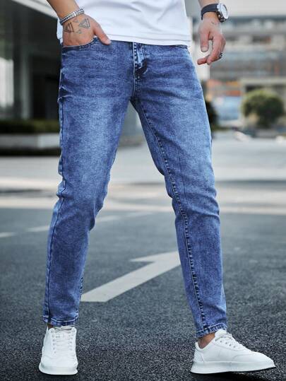 Manfinity Homme سروال جينز غامق مبيض ضيق مناسب للرجال 100٪ قطن بجيوب مائلة طويل غسيل مخفف بلياقة ضيقة، هدايا للزوج أو الحبيب