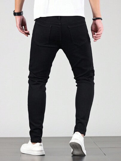 Manfinity Homme بنطلون جينز رجالي بلون أحادي ضيق التصميم، بنطلون جينز مُغسل ذو لون أسود داكن خالٍ من الطبعات، بنطلون جينز جيب كارجو ضيق اللون الأسود، هدايا للزوج أو الخطيب
