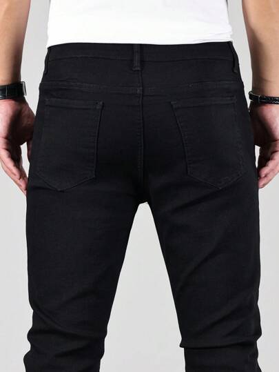 Manfinity Homme بنطلون جينز رجالي بلون أحادي ضيق التصميم، بنطلون جينز مُغسل ذو لون أسود داكن خالٍ من الطبعات، بنطلون جينز جيب كارجو ضيق اللون الأسود، هدايا للزوج أو الخطيب