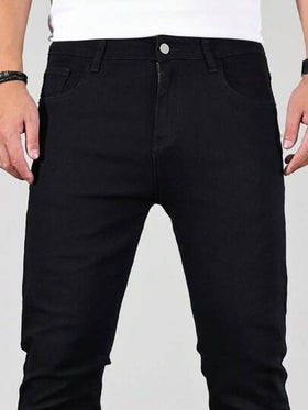 Manfinity Homme بنطلون جينز رجالي بلون أحادي ضيق التصميم، بنطلون جينز مُغسل ذو لون أسود داكن خالٍ من الطبعات، بنطلون جينز جيب كارجو ضيق اللون الأسود، هدايا للزوج أو الخطيب