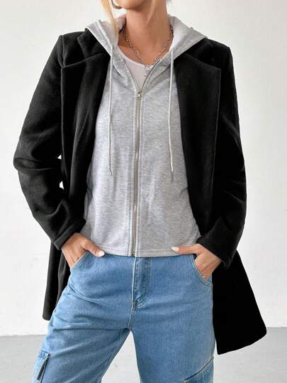 SHEIN EZwear 1 قطعة معطف كاجوال مبطن حراريًا بغطاء رأس للنساء، أحادي اللون طويل حتى الفخذ، خريف/شتاء