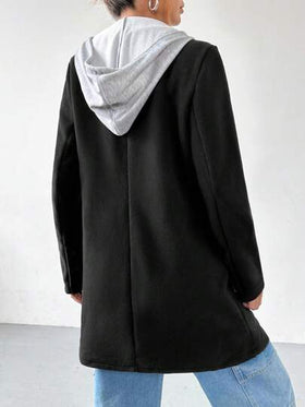 SHEIN EZwear 1 قطعة معطف كاجوال مبطن حراريًا بغطاء رأس للنساء، أحادي اللون طويل حتى الفخذ، خريف/شتاء