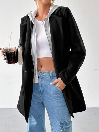 SHEIN EZwear 1 قطعة معطف كاجوال مبطن حراريًا بغطاء رأس للنساء، أحادي اللون طويل حتى الفخذ، خريف/شتاء