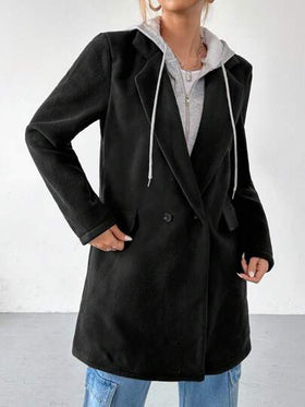 SHEIN EZwear 1 قطعة معطف كاجوال مبطن حراريًا بغطاء رأس للنساء، أحادي اللون طويل حتى الفخذ، خريف/شتاء