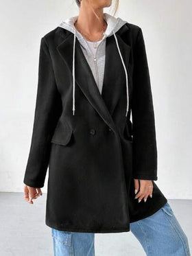 SHEIN EZwear 1 قطعة معطف كاجوال مبطن حراريًا بغطاء رأس للنساء، أحادي اللون طويل حتى الفخذ، خريف/شتاء