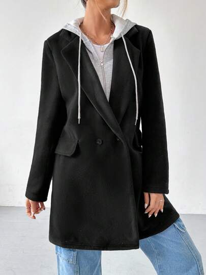 SHEIN EZwear 1 قطعة معطف كاجوال مبطن حراريًا بغطاء رأس للنساء، أحادي اللون طويل حتى الفخذ، خريف/شتاء