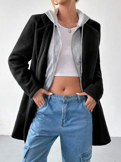 SHEIN EZwear 1 قطعة معطف كاجوال مبطن حراريًا بغطاء رأس للنساء، أحادي اللون طويل حتى الفخذ، خريف/شتاء