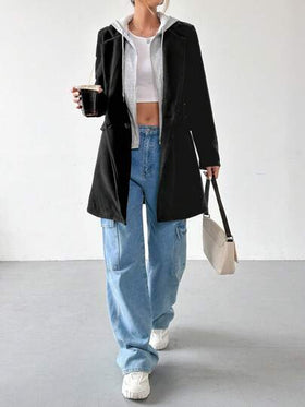 SHEIN EZwear 1 قطعة معطف كاجوال مبطن حراريًا بغطاء رأس للنساء، أحادي اللون طويل حتى الفخذ، خريف/شتاء