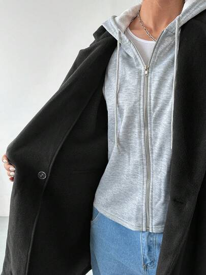 SHEIN EZwear 1 قطعة معطف كاجوال مبطن حراريًا بغطاء رأس للنساء، أحادي اللون طويل حتى الفخذ، خريف/شتاء
