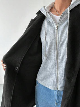 SHEIN EZwear 1 قطعة معطف كاجوال مبطن حراريًا بغطاء رأس للنساء، أحادي اللون طويل حتى الفخذ، خريف/شتاء