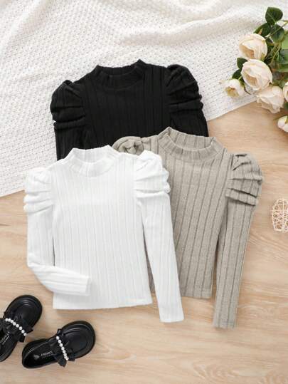SHEIN بلوزة كاجوال بأكمام طويلة ذات ياقة واقفة للفتيات المراهقات ، تصميم أكمام غيغوت الواسعة ، متعددة القطع