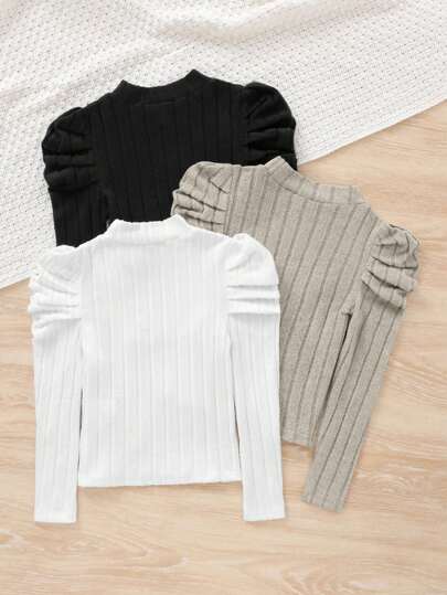 SHEIN بلوزة كاجوال بأكمام طويلة ذات ياقة واقفة للفتيات المراهقات ، تصميم أكمام غيغوت الواسعة ، متعددة القطع