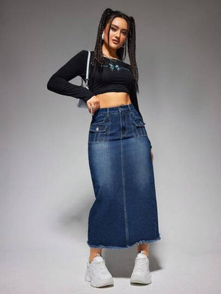 EZwear تنورة من قماش الدنيم المغسول بحاشية متوترة
