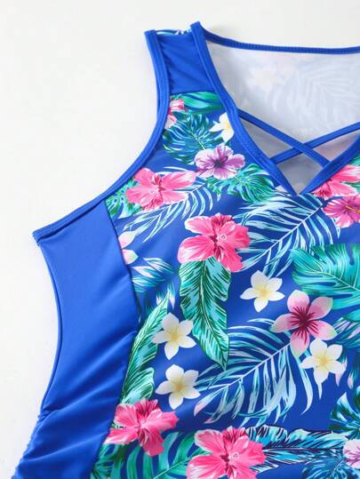 طقم تانكيني حريمي Swim Lushoire تانكيني بجانب الرباط المتقاطع بطبعات الشاطئ الاستوائية للصيف