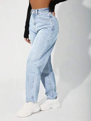 PETITE جينز ذو خصر عالي إطلالة الأم، أزرار كاجوال، جيوب وسحاب، جينز ذو خصر عالي وتفريغ ضيق/جزر طويل غسيل متوسط من القطن ناسب النساء، إطلالة عادية للربيع والخريف