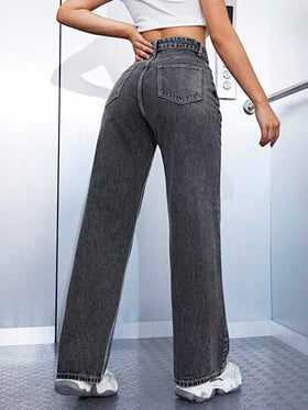 SHEIN ICON جينز نسائي كاجوال بجيوب مائلة وخصر غير متماثل مغسول