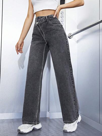 SHEIN ICON جينز نسائي كاجوال بجيوب مائلة وخصر غير متماثل مغسول