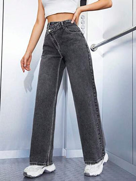 SHEIN ICON جينز نسائي كاجوال بجيوب مائلة وخصر غير متماثل مغسول