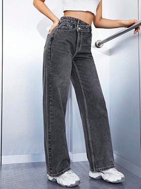 SHEIN ICON جينز نسائي كاجوال بجيوب مائلة وخصر غير متماثل مغسول