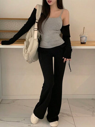 DAZY بنطال كاجوال للنساء من قماش السروال الحربي باللون الأحادي، بنطال كاجوال نسائي لفصل أواخر الخريف، بنطال طويل نحيف مشقوق من القطن الاصطناعي اللون الأسود لملاءمة المرأة، ملابس كاجوال اليومية