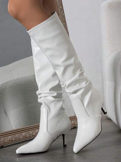 بوت فخمة طويلة لفوق الركبة، ذات كعب عالي رفيع، أصابع قدم مدببة، مطوية، بوت فوق الركبة إطلالة أنيقة للحفلات والأوقات العادية للنساء في فصل الخريف والشتاء
