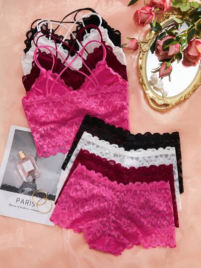 Shein Underwear&Sleepwear Basics مجموعة حمالة الصدر اللاسلكية والبنطلون الدانتيل 4 مجموعات ملابس داخلية