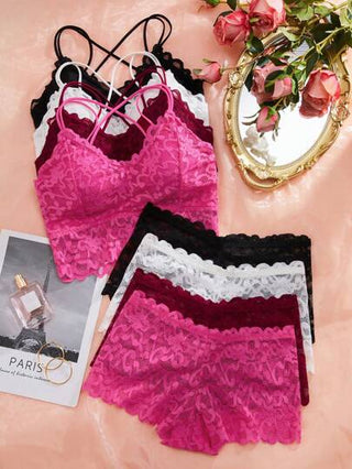Shein Underwear&Sleepwear Basics مجموعة حمالة الصدر اللاسلكية والبنطلون الدانتيل 4 مجموعات ملابس داخلية