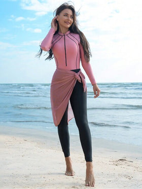 Swim Shayni ملابس سباحة نسائية بأكمام طويلة قطعة واحدة مع تنورة مطابقة، بزي ساتر لصيف الشاطئ، ملابس عربية