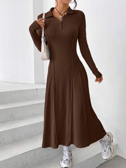 EZwear فستان نسائي من الصوف المحبوك بلون سادة و أزرار بالأمام