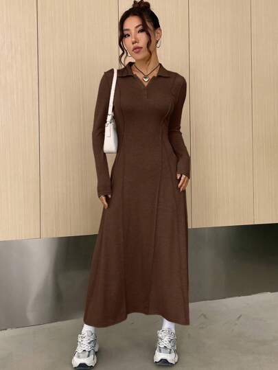 EZwear فستان نسائي من الصوف المحبوك بلون سادة و أزرار بالأمام