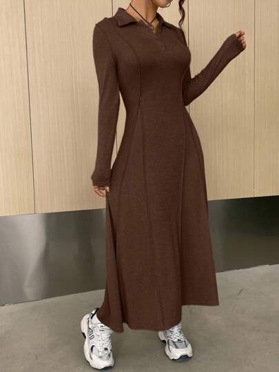 EZwear فستان نسائي من الصوف المحبوك بلون سادة و أزرار بالأمام
