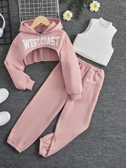 SHEIN EZwear بطباعة أحرف هودي قصير للغاية & لباس علوي تانك مع بنطلون رياضي