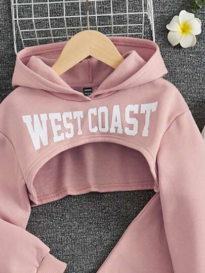 SHEIN EZwear بطباعة أحرف هودي قصير للغاية & لباس علوي تانك مع بنطلون رياضي