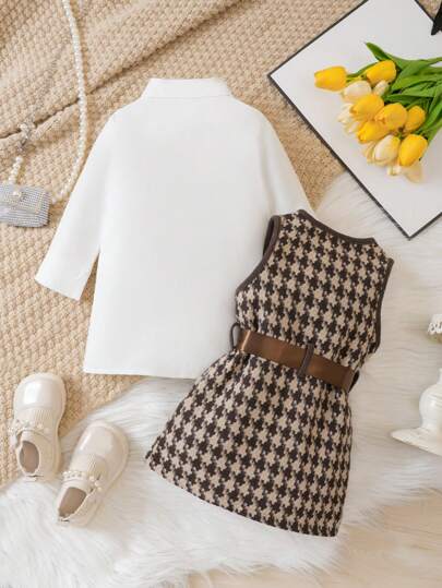 SHEIN مجموعة صدرية صوفية سميكة ومحبوكة وقميص مربع للبنات الصغيرات، للربيع/الخريف/الشتاء، للكريسماس
