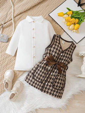 SHEIN مجموعة صدرية صوفية سميكة ومحبوكة وقميص مربع للبنات الصغيرات، للربيع/الخريف/الشتاء، للكريسماس