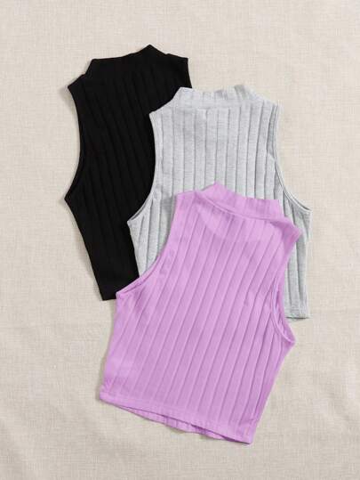 EZwear 3 حبات من القمصان الداخلية الصيفية برقبة عالية وحياكة ريب للنساء