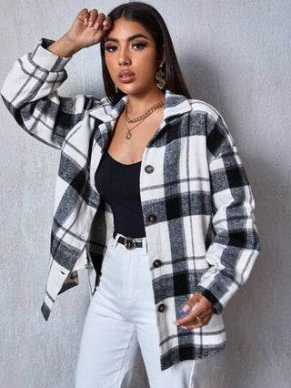 EZwear معطف مربع النقش بحافة ملفوف ومنخفض الاكتاف