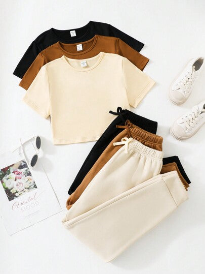 SHEIN Vintaside Kids 6 قطع/مجموعة من تي شيرت وبنطلون رياضي كاجوال للفتيات، متعدد الألوان
