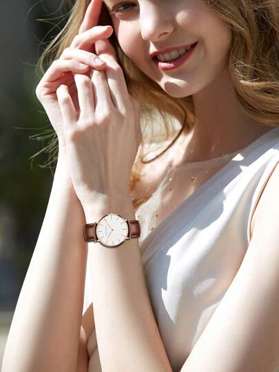 HANNAH MARTIN 1قطعة ساعة يد كاجوال نسائية بسوار جلدي بني بتصميم إسكندنافي، مناسبة للزينة اليومية كهدية للطلاب العائدين إلى المدرسة