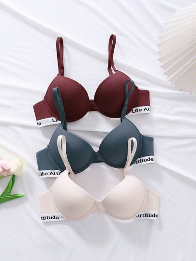 Shein Underwear&Sleepwear Basics صدرية دعم مع حمالات مطبوعة بالحروف 3 قطع مع سلك داخلي للرياضة