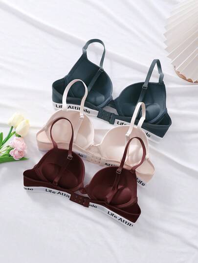 Shein Underwear&Sleepwear Basics صدرية دعم مع حمالات مطبوعة بالحروف 3 قطع مع سلك داخلي للرياضة
