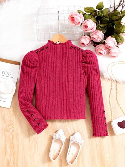 SHEIN تيشيرت بناتي برقبة عالية وأكمام منتفخة بتصميم فريد لفصل الربيع